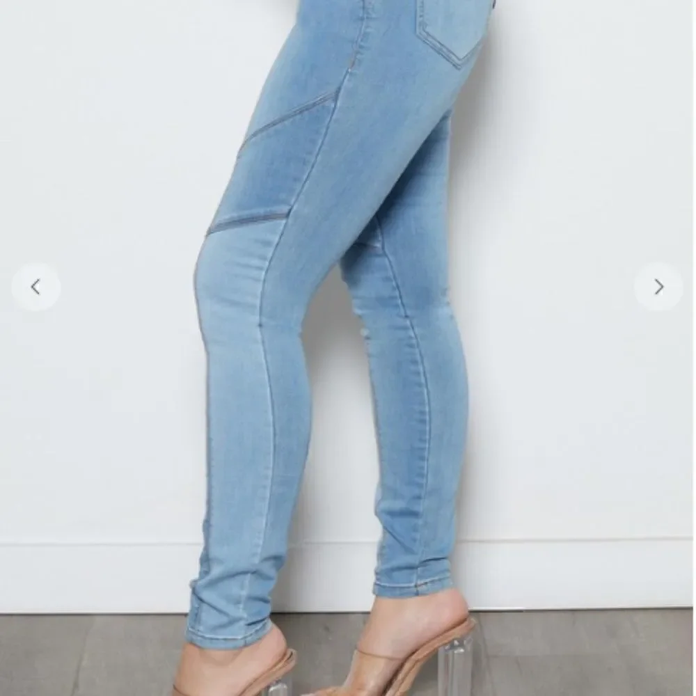 NEW! Sexy Color Blocked Pull On Skinny Blue Jeans Denim Boho Patchwork Leggings
